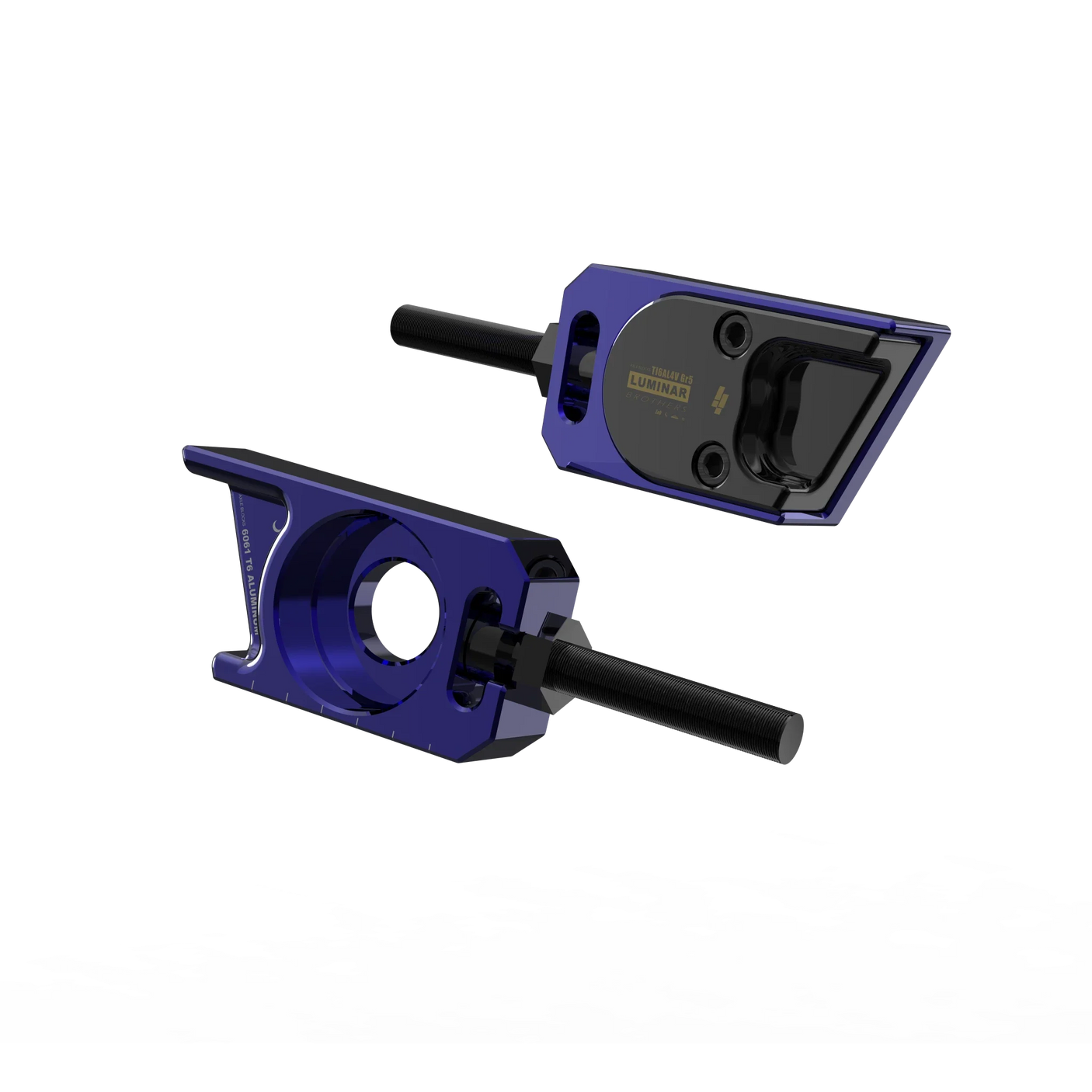 IZI Brothers axle blocks for Sur-Ron Light Bee swingarm - blue exterior front view