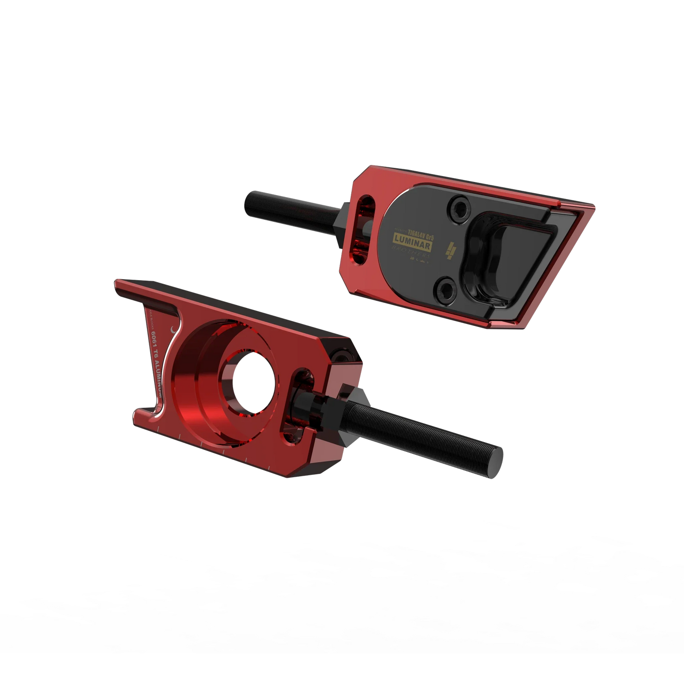 IZI Brothers axle blocks for Sur-Ron Light Bee swingarm - red exterior front view of both pieces