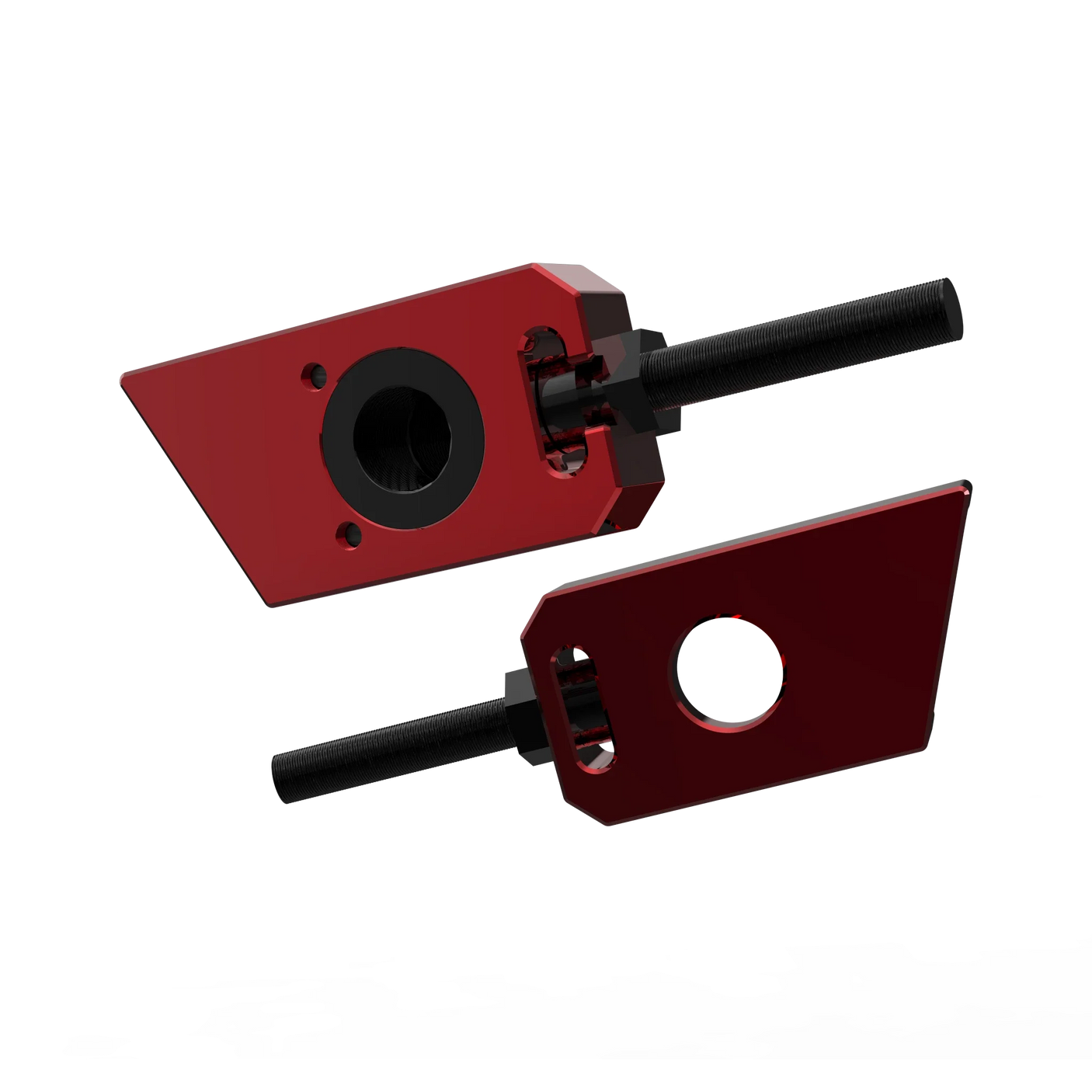 IZI Brothers axle blocks for Sur-Ron Light Bee swingarm - red interior front view of both pieces