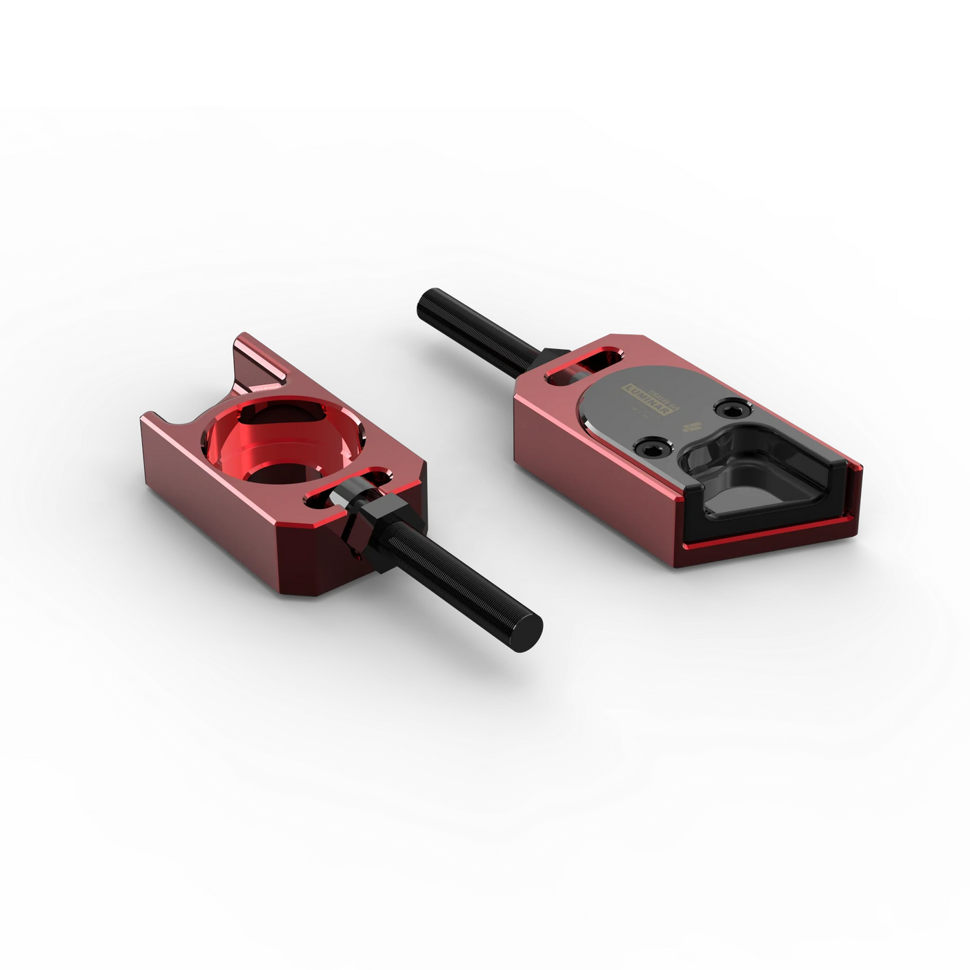 IZI Brothers axle blocks for Sur-Ron Light Bee swingarm - red top view of both pieces exterior side