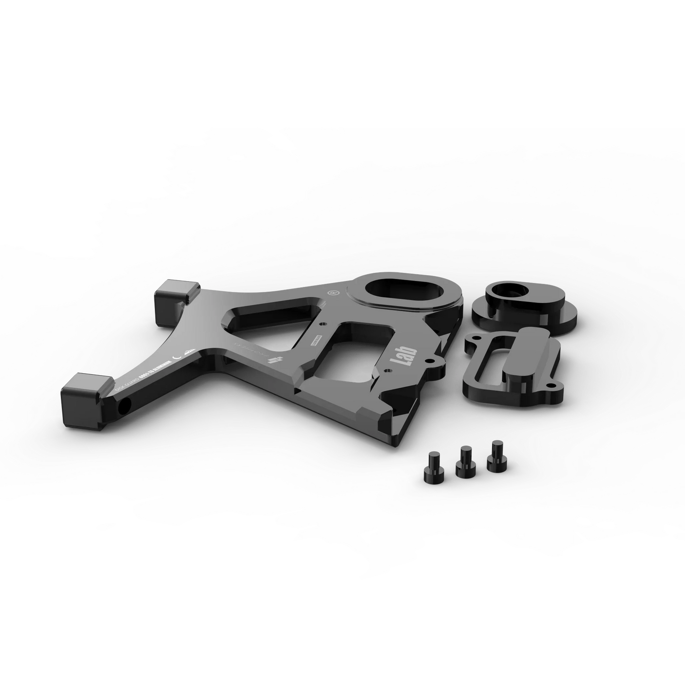 IZI Brothers caliper mount for Sur-Ron Light Bee swingarm - black top-down exploded exterior view