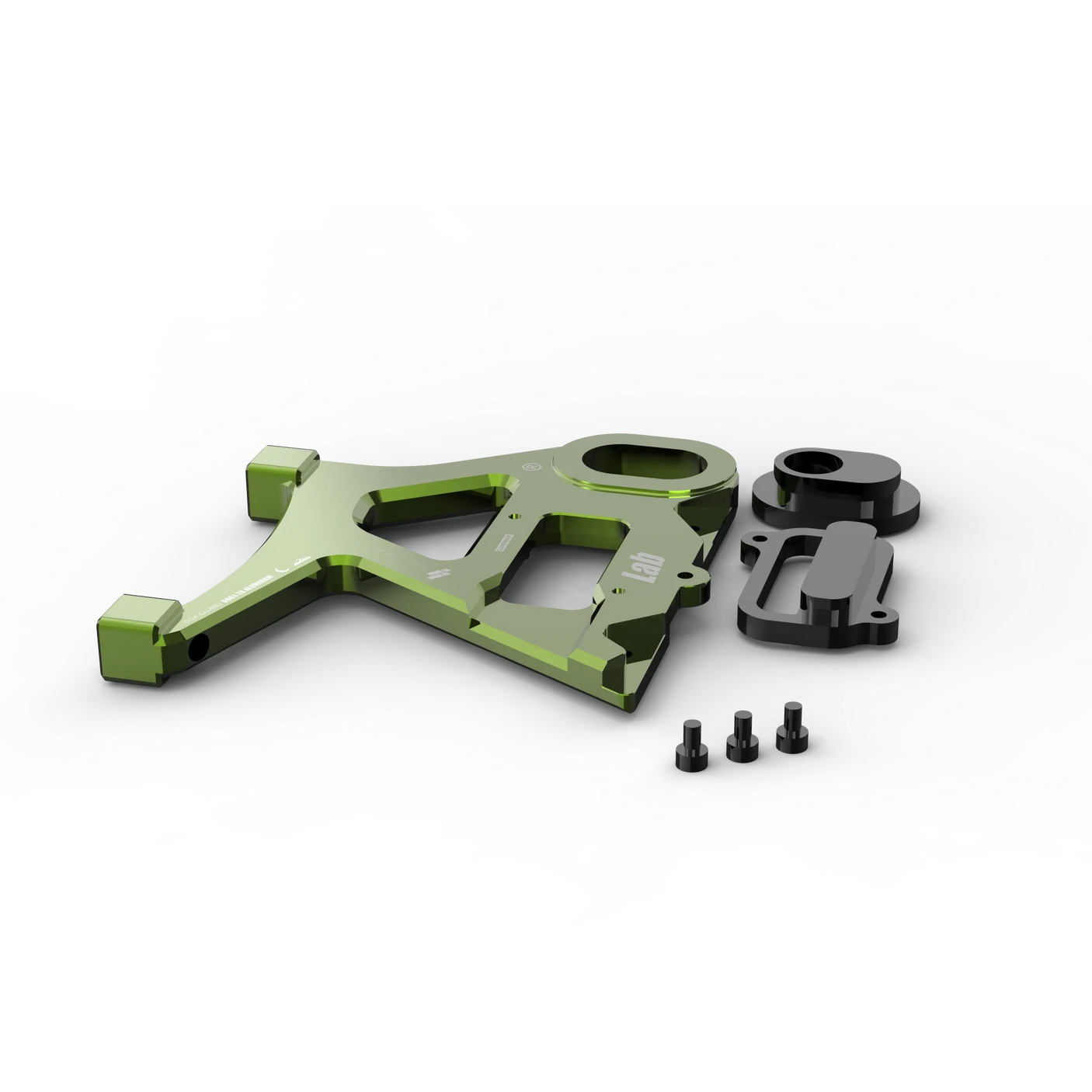 IZI Brothers caliper mount for Sur-Ron Light Bee swingarm - green exploded top-down exterior view