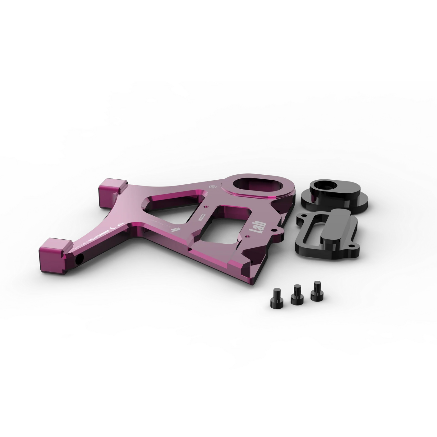 IZI Brothers caliper mount for Sur-Ron Light Bee swingarm - pink exploded top-down exterior view