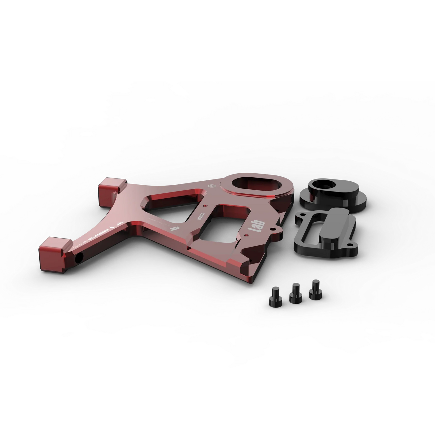 IZI Brothers caliper mount for Sur-Ron Light Bee swingarm - red exploded top-down exterior view