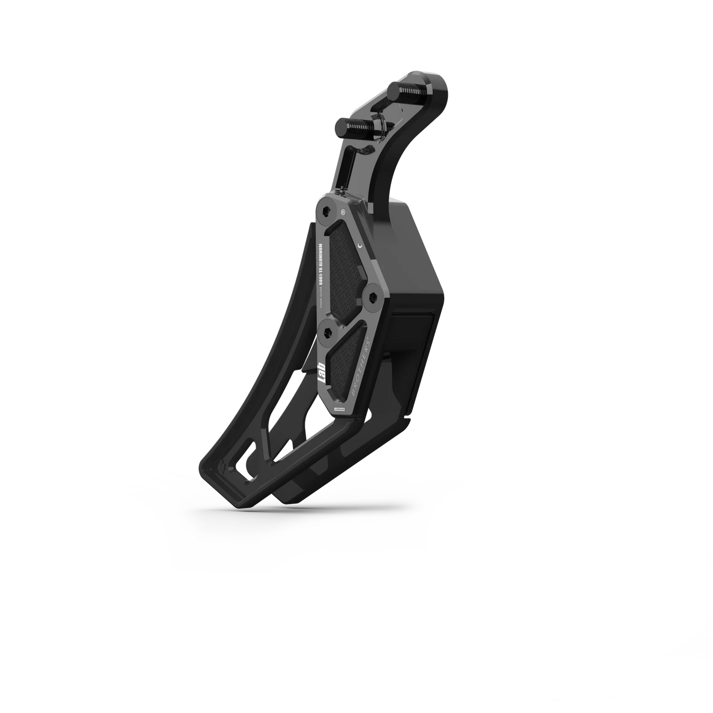 IZI Brothers complete chain guide for Sur-Ron Light Bee swingarm - black three-quarter side view
