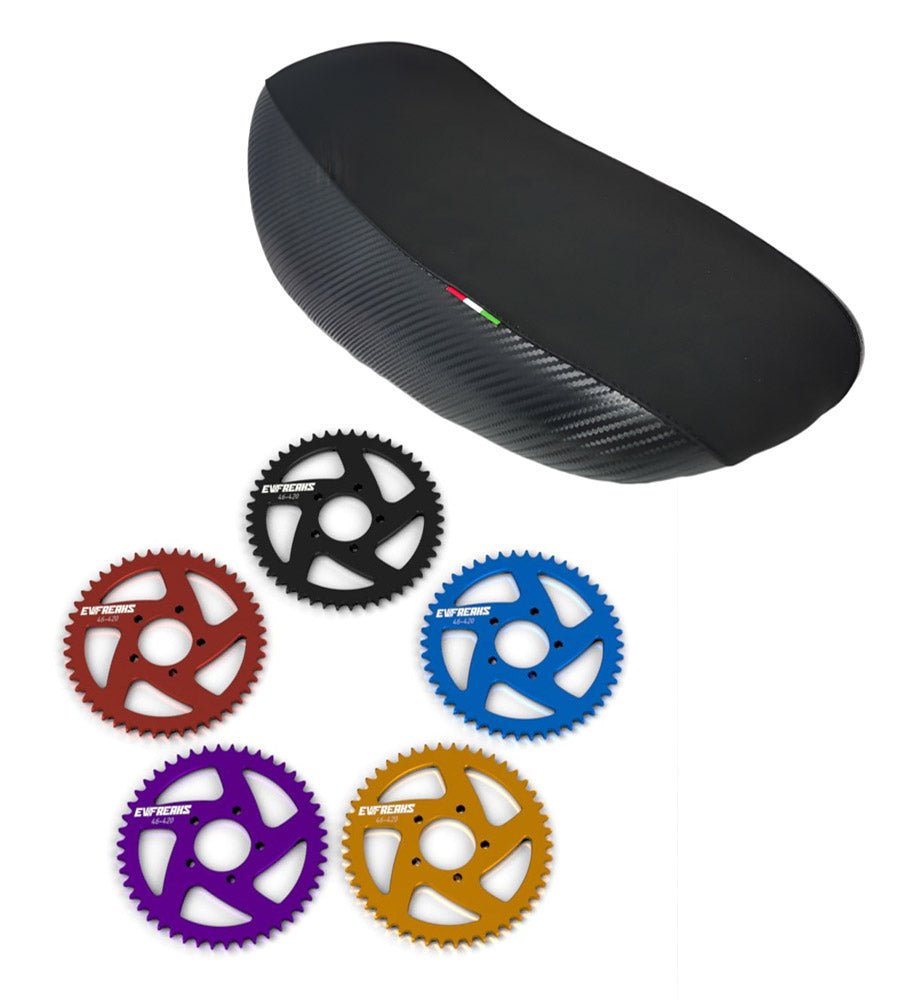 Upgraded Carbon Seat + Colourful Sprocket for Sur - Ron - EVFREAKSUpgraded Carbon Seat + Colourful Sprocket for Sur - Ron