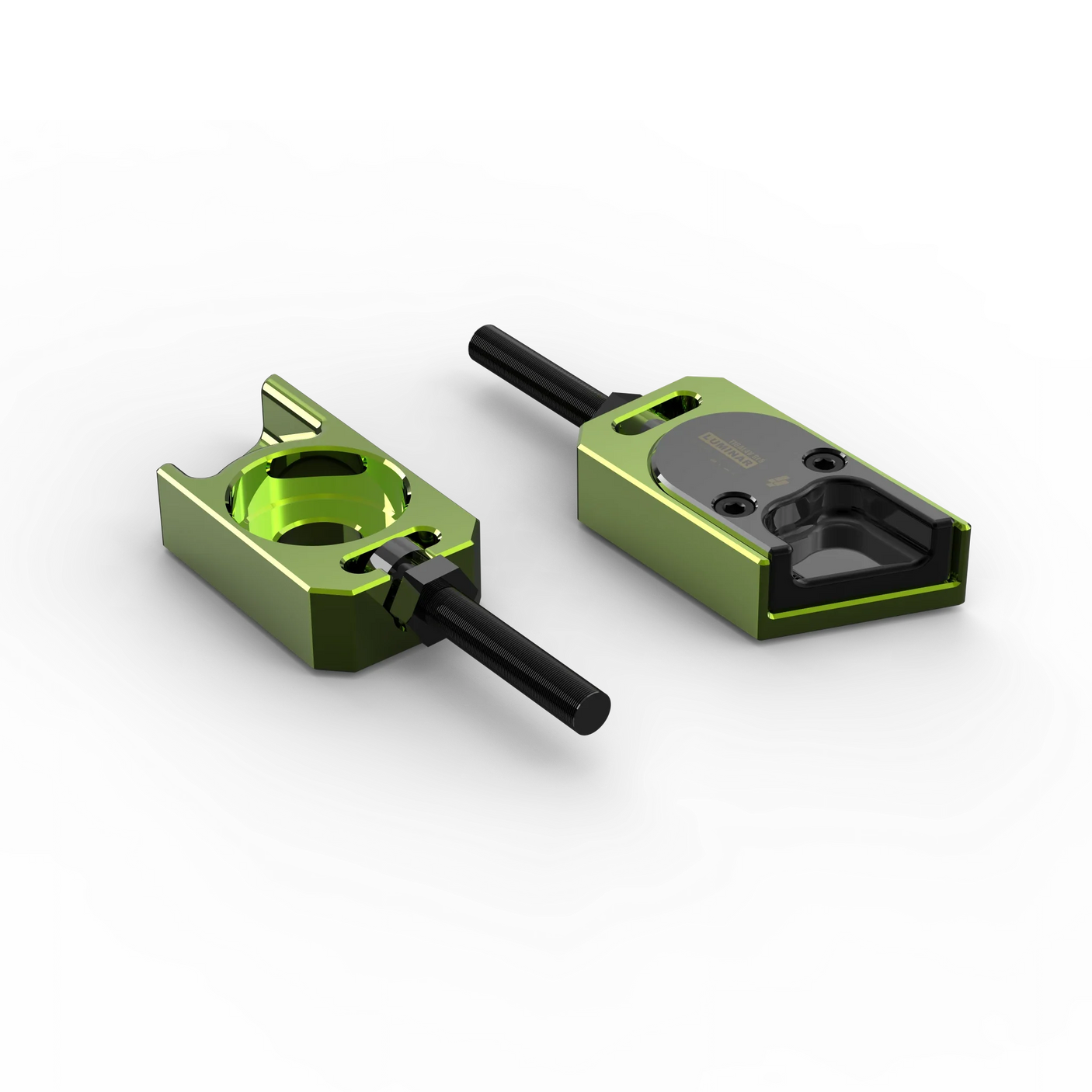 IZI Brothers axle blocks for Sur-Ron Light Bee swingarm - green top exterior perspective view