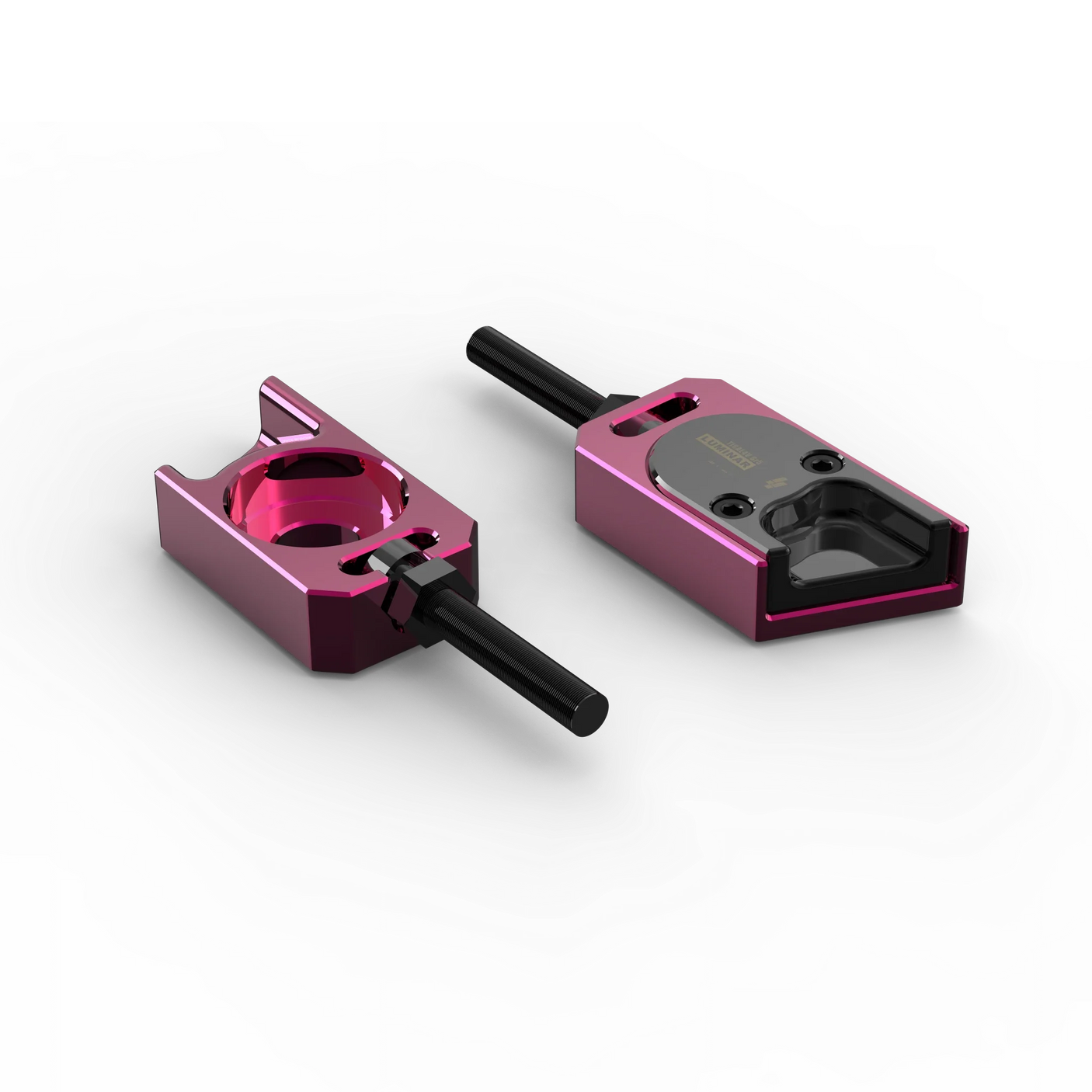 IZI Brothers axle blocks for Sur-Ron Light Bee swingarm - pink top exterior view of both pieces
