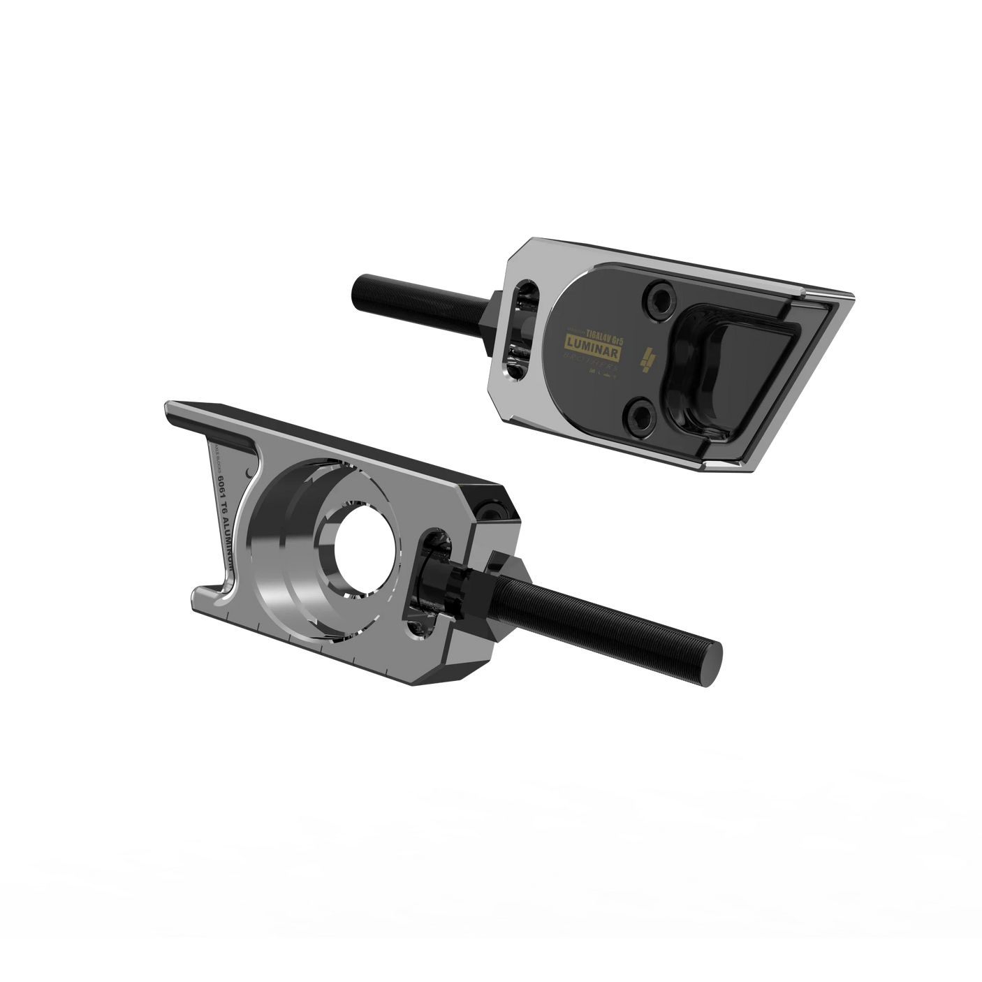 IZI Brothers axle blocks for Sur-Ron Light Bee swingarm - raw exterior front view of both pieces