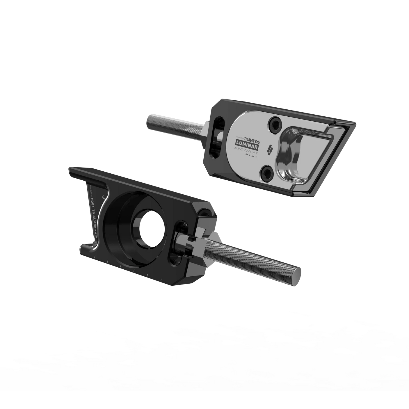 IZI Brothers axle blocks for Sur-Ron Light Bee swingarm - raw black exterior front view of both pieces