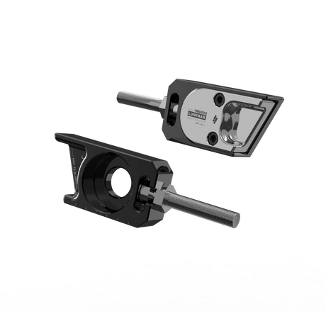 IZI Brothers axle blocks for Sur-Ron Light Bee swingarm - raw black exterior front view of both pieces