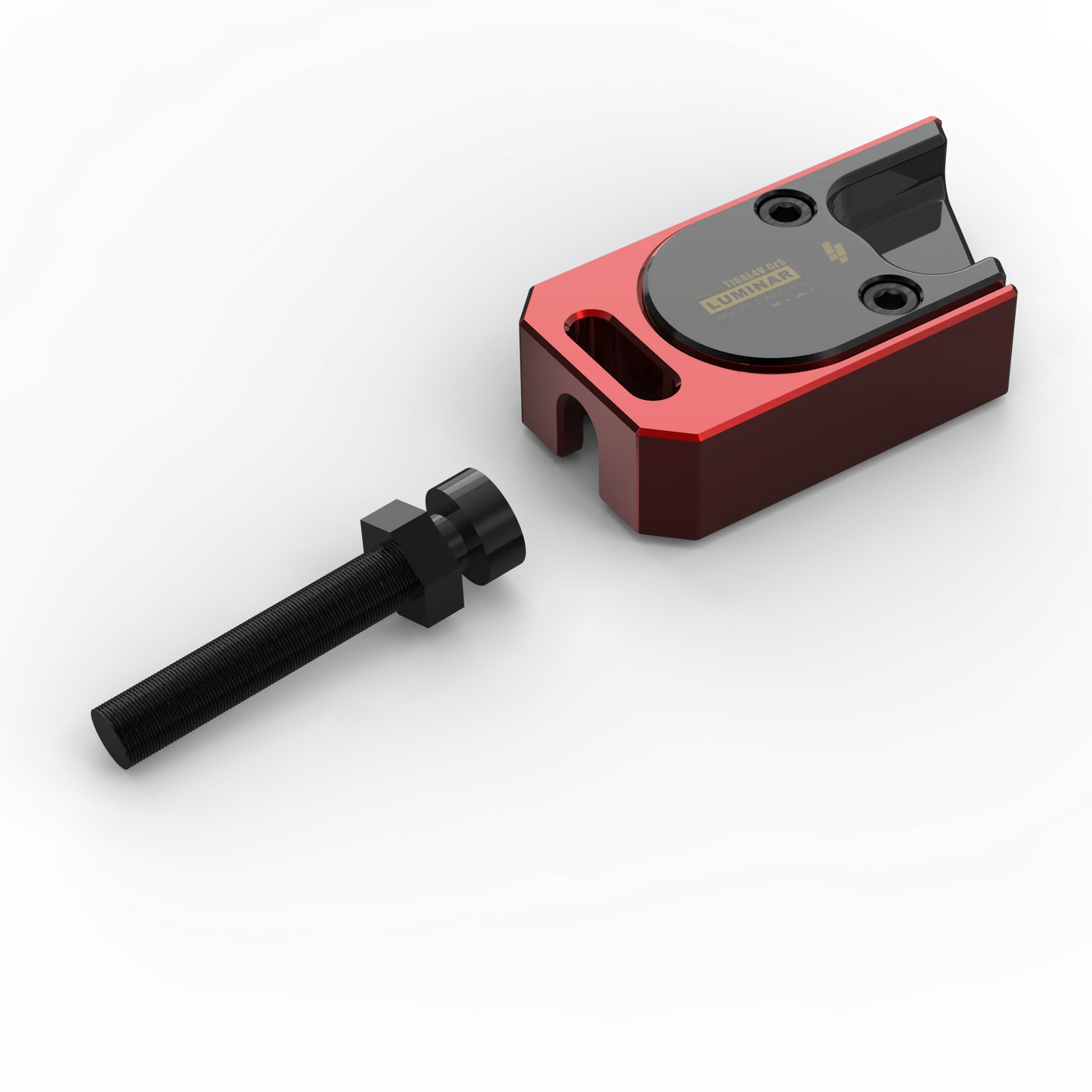 IZI Brothers axle blocks for Sur-Ron Light Bee swingarm - red top view of one piece exterior side disassembled