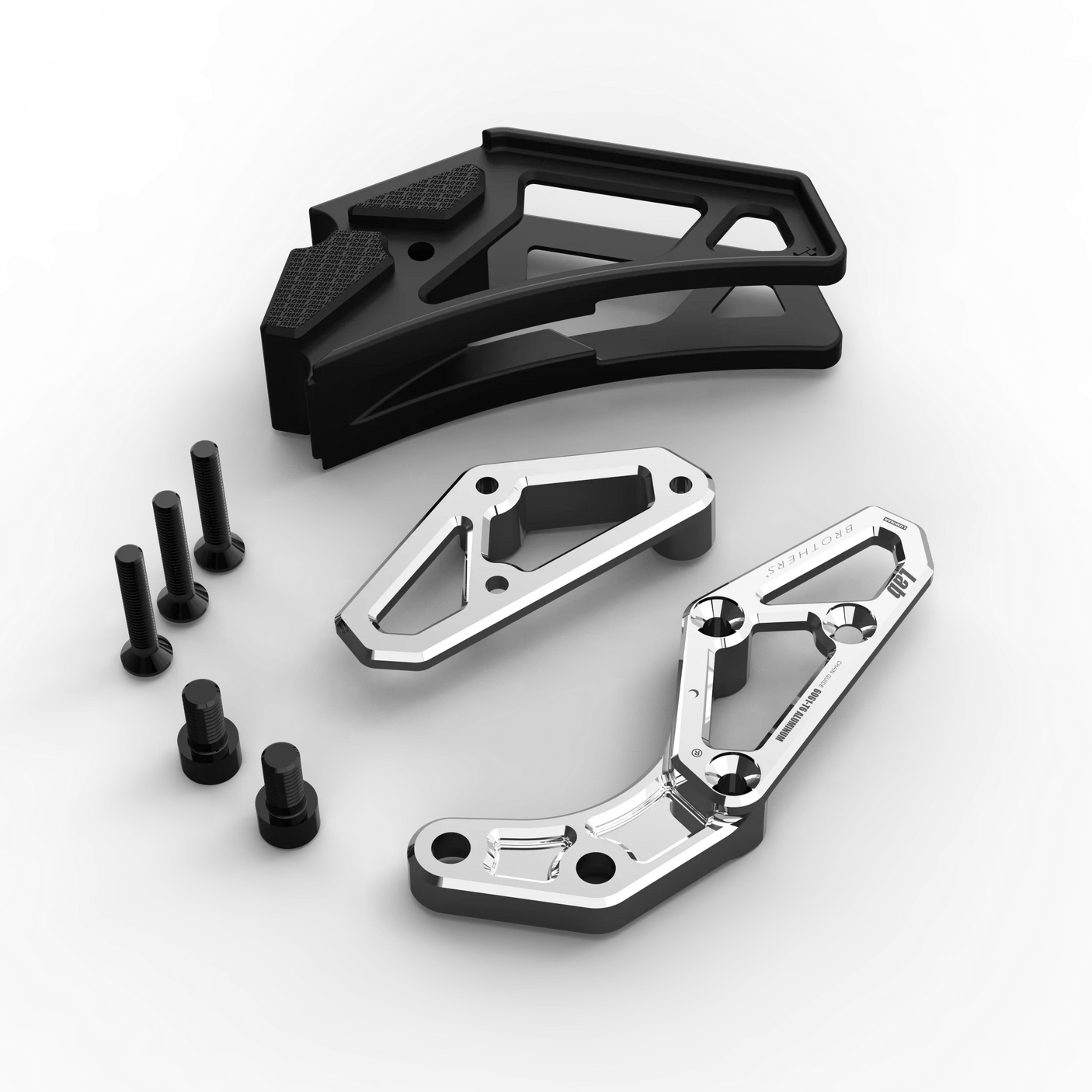 IZI Brothers complete chain guide for Sur-Ron Light Bee swingarm - raw exploded side view